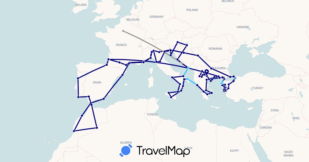 TravelMap itinerary: driving, plane, boat in Austria, Bulgaria, Spain, France, Greece, Croatia, Italy, Morocco, Macedonia, Portugal, Serbia, Slovenia, Turkey (Africa, Asia, Europe)